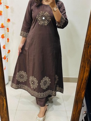 Brown Block Printed Mirror Work On Yoke Anarkali Cotton Kurti Plazzo Set For Women (Set of 2)