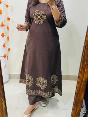 Brown Block Printed Mirror Work On Yoke Anarkali Cotton Kurti Plazzo Set For Women (Set of 2)
