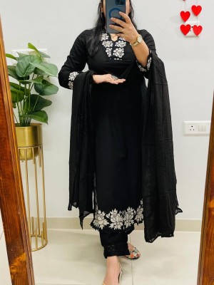 Black Designer Embroiderd Straight Fit Cotton Kurta Pant With Dupatta Salwar kameez For Women (Set Of 3)