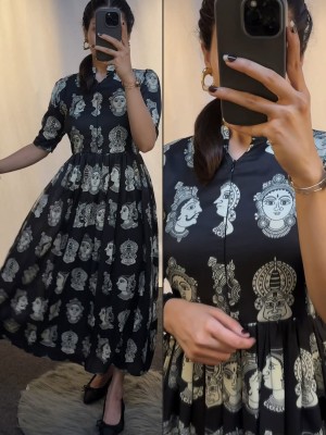 Black Beautiful Madhubani Printed Half Sleeves Cotton Flare Midi Kurti Gown Dress For Women 