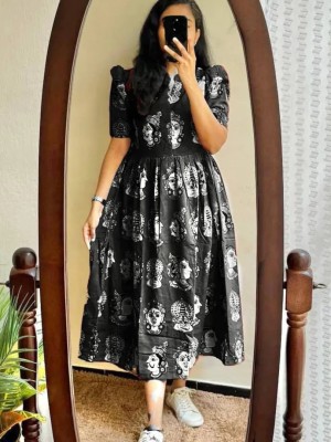 Black Beautiful Madhubani Printed Half Sleeves Cotton Flare Midi Kurti Gown Dress For Women 