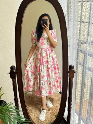 Beautiful Pink Floral Printed Puff Sleeves Cotton Flare Midi Kurti Gown Dress For Women 