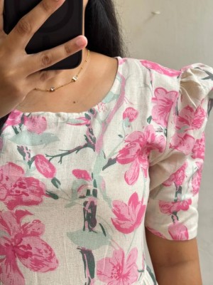 Beautiful Pink Floral Printed Puff Sleeves Cotton Flare Midi Kurti Gown Dress For Women 