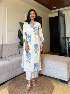 Blue & Grey Off White Classy V-Neck Office Wear Cord Set for Women Floral Print Salwar Kameez Co Ord - Set of 2