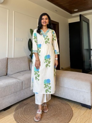 Blue & Green Off White Classy V-Neck Office Wear Cord Set for Women Floral Print Salwar Kameez Co Ord - Set of 2