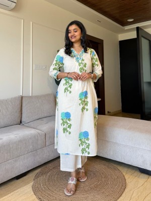 Blue & Green Off White Classy V-Neck Office Wear Cord Set for Women Floral Print Salwar Kameez Co Ord - Set of 2