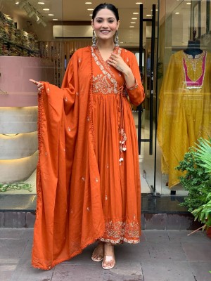 Reena Orange Cotton Angrakha Style Embroidered Anarkali Kurti Pant Dupatta Set Salwar Kameez For Women
