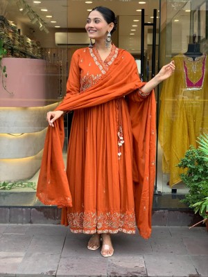 Reena Orange Cotton Angrakha Style Embroidered Anarkali Kurti Pant Dupatta Set Salwar Kameez For Women