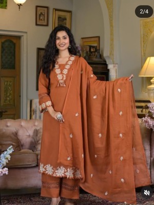 Rust Orange Cotton Straight Kurti Pant Dupatta Set Ethnic Salwar Kameez for Women - Set of 3