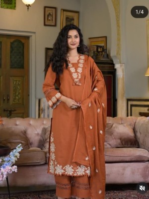 Rust Orange Cotton Straight Kurti Pant Dupatta Set Ethnic Salwar Kameez for Women - Set of 3