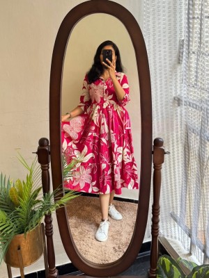 Pink Floral Printed Everyday Wear Half Sleeves Flare Cotton Midi Kurti Gown Dress For Women 