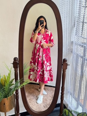 Pink Floral Printed Everyday Wear Half Sleeves Flare Cotton Midi Kurti Gown Dress For Women 