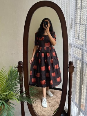 Jaipuri Block Printed Everyday Wear Half Sleeves Flare Cotton Midi Kurti Gown Dress For Women 