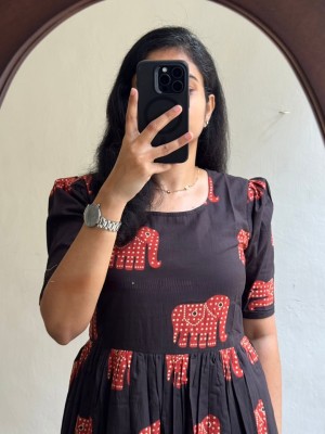 Jaipuri Block Printed Everyday Wear Half Sleeves Flare Cotton Midi Kurti Gown Dress For Women 