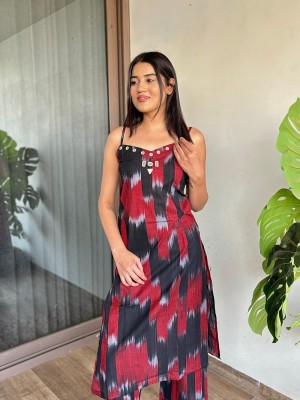 Red & Black Western Style Spaghetti Kurti Pant Set Cotton Modern Salwar Kameez Strap Dress for Women