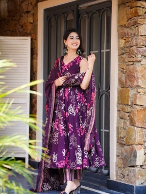 Black Floral Print Sleeveless Kurti Pant Dupatta Set V-Neck Salwar Kameez Suit for Women - Set of 3