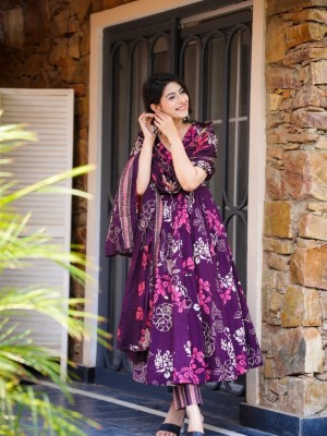 Black Floral Print Sleeveless Kurti Pant Dupatta Set V-Neck Salwar Kameez Suit for Women - Set of 3