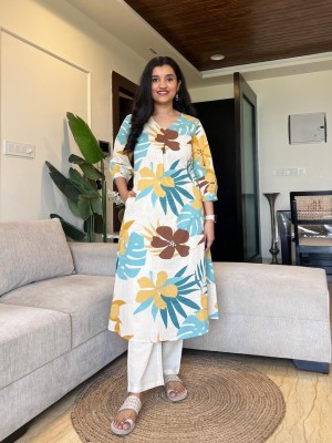 Multi Color Floral Print White Co Ord Set Cotton Kurti Pant Salwar Kameez For Women - Set Of 2