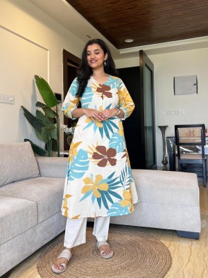 Multi Color Floral Print White Co Ord Set Cotton Kurti Pant Salwar Kameez For Women - Set Of 2