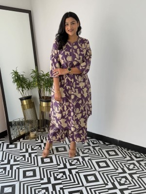 Purple Floral Print Co Ord Set Cotton Kurti Pant Readymade Salwar Kameez For Women - Set Of 2