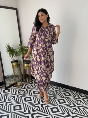 Purple Floral Print Co Ord Set Cotton Kurti Pant Readymade Salwar Kameez For Women - Set Of 2