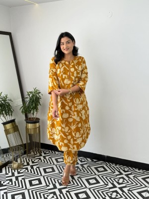 Yellow Floral Print Co Ord Set Cotton Kurti Pant Readymade Salwar Kameez For Women - Set Of 2
