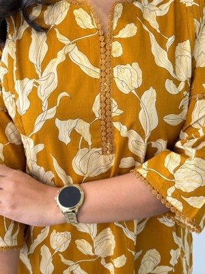 Yellow Floral Print Co Ord Set Cotton Kurti Pant Readymade Salwar Kameez For Women - Set Of 2