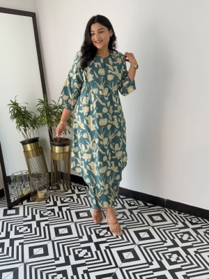 Teal Floral Print Co Ord Set Cotton Kurti Pant Readymade Salwar Kameez For Women - Set Of 2