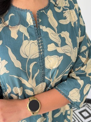 Teal Floral Print Co Ord Set Cotton Kurti Pant Readymade Salwar Kameez For Women - Set Of 2