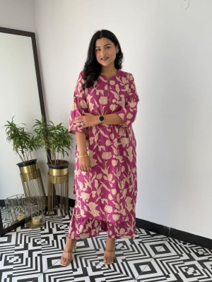 Pink Floral Print Co Ord Set Cotton Kurti Pant Readymade Salwar Kameez For Women - Set Of 2