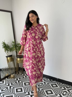 Pink Floral Print Co Ord Set Cotton Kurti Pant Readymade Salwar Kameez For Women - Set Of 2