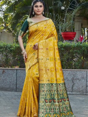 Yellow & Green Traditional Indian Designer Silk Saree Banarasi Silk Trendy Jacquard Saree with Blouse