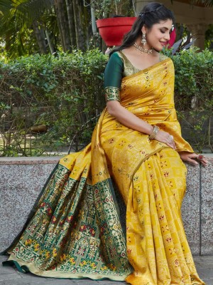Yellow & Green Traditional Indian Designer Silk Saree Banarasi Silk Trendy Jacquard Saree with Blouse