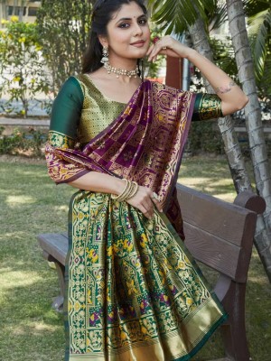 Purple & Green Jacquard Woven Traditional Indian Silk Saree Trendy Women Party Wear Saree with Blouse