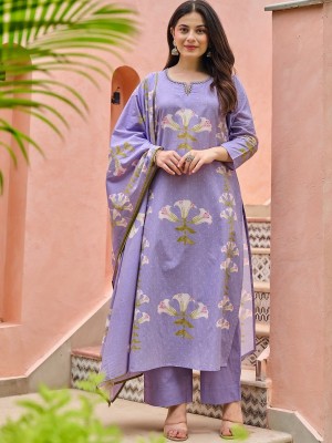 Lavender Floral Print Straight Kurti Pant Dupatta Set Elegant Salwar Kameez for Women - Set of 3
