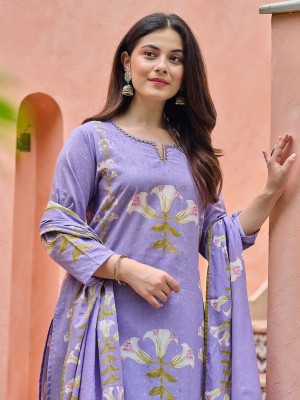Lavender Floral Print Straight Kurti Pant Dupatta Set Elegant Salwar Kameez for Women - Set of 3