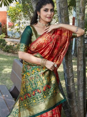 Red & Green Designer Women Multi colored Kanjivaram Silk Party Wear Banarasi Silk Jacquard Pattu Saree
