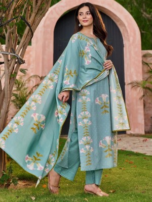 Teal Blue Floral Print Straight Kurti Pant Dupatta Set Elegant Salwar Kameez for Women - Set of 3