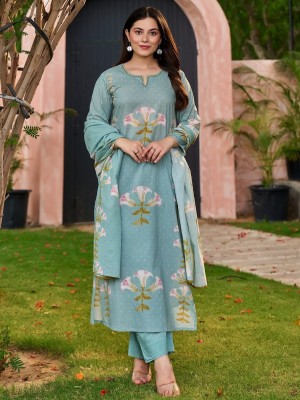 Teal Blue Floral Print Straight Kurti Pant Dupatta Set Elegant Salwar Kameez for Women - Set of 3