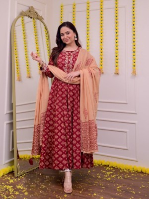 Kiara Designer Embroidered A-Line Cotton Kurta Pant With Dupatta Salwar kameez For Women (Set Of 3)