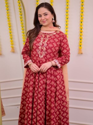 Kiara Designer Embroidered A-Line Cotton Kurta Pant With Dupatta Salwar kameez For Women (Set Of 3)