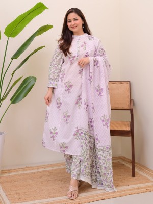 Beautiful Floral Printed A-Line Cotton Kurta Pant With Malmal Dupatta Salwar kameez For Women (Set Of 3)