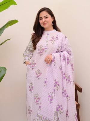 Beautiful Floral Printed A-Line Cotton Kurta Pant With Malmal Dupatta Salwar kameez For Women (Set Of 3)