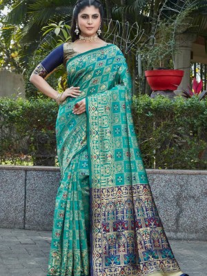 Turquoise & Blue Classic Ethnic Woven Kanjivaram Jacquard Saree Banarasi Silk Saree Indian Silk Saree