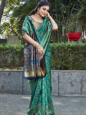 Turquoise & Blue Classic Ethnic Woven Kanjivaram Jacquard Saree Banarasi Silk Saree Indian Silk Saree