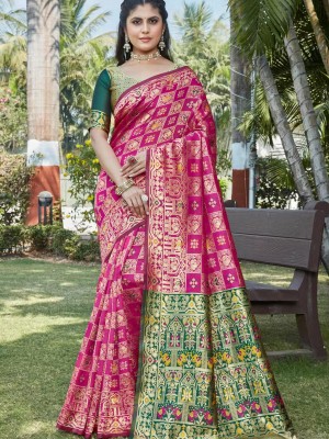 Pink & Green Stylish Ethnic Banarasi Silk Jacquard Art Indian Traditional Wear Saree with Blouse Piece