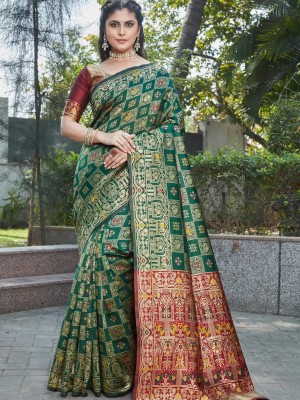 Green & Brown Traditional Banarasi Silk Saree Ethnic Indian Patola Silk Kanjivaram Saree for Women