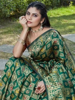 Green & Brown Traditional Banarasi Silk Saree Ethnic Indian Patola Silk Kanjivaram Saree for Women