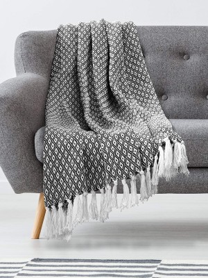 Black & White Diamond Pattern Cozy & Soft Cotton Knitted Throw Blanket for All-Season Comfort with Tassel