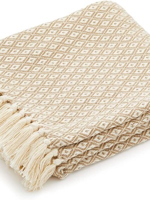 Yellow & Beige Self-Design Diamond Pattern Pure Cotton Knitted Sofa Throw Blanket with Tassel Fringes